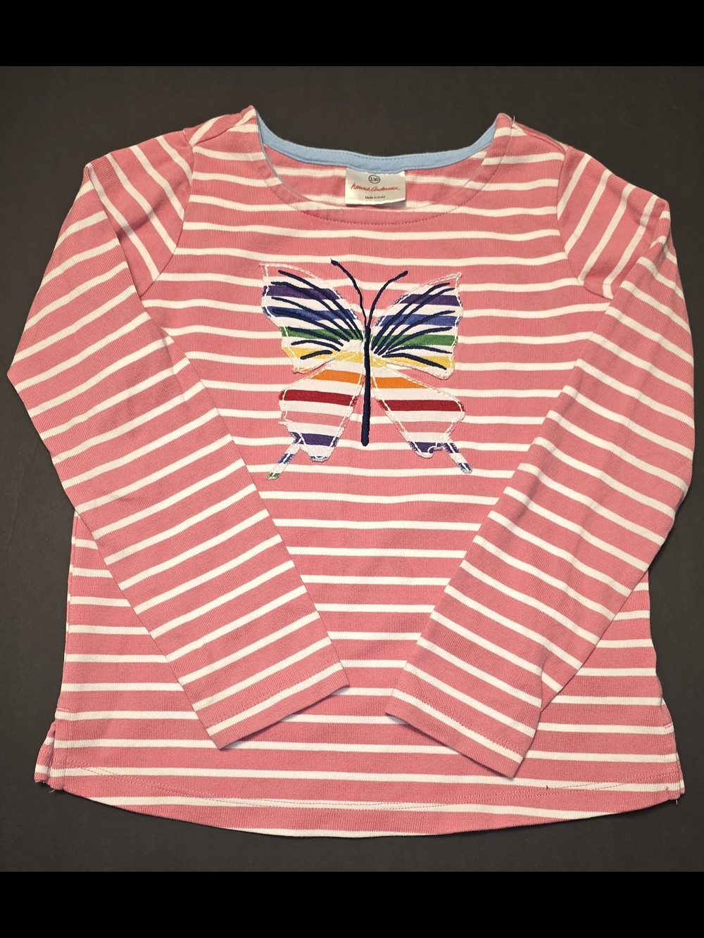 Hanna Andersson Striped Long-Sleeve Top w Rainbow Butterfly Size 130